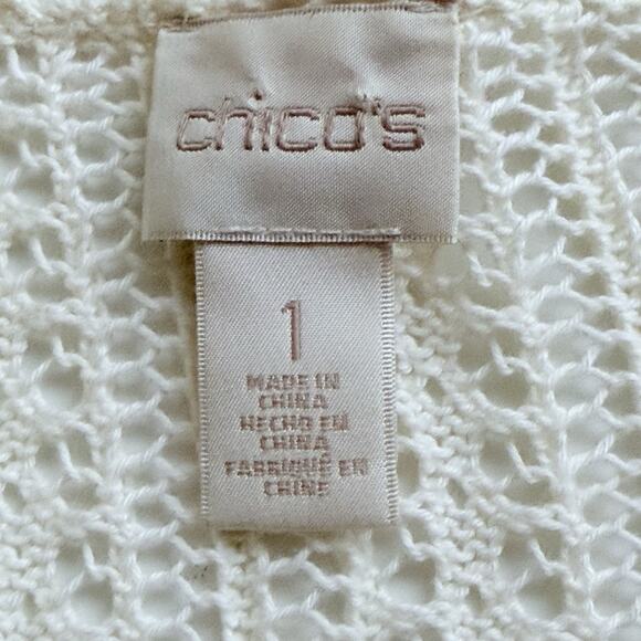 Chicos Cardigan Sweater 1 (Medium) Cream Ivory Open Knit Boho Western Crochet - Picture 6 of 8